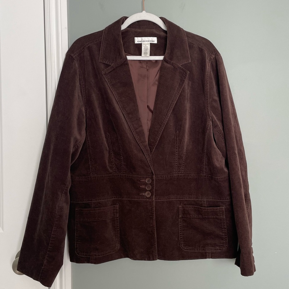 VTG Jones New York Dark Brown Corduroy 100% Cotton Lapel Collar 3 Button Blazer